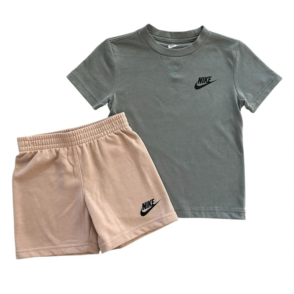 Nike Boys 2PC Set Size 4 NWT Olive Shirt Tan Shorts Logo Front & Back Outfit